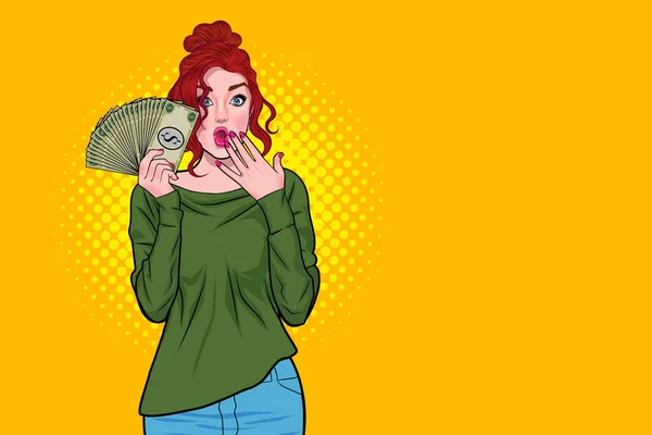 Success Woman Holding Money Looking Wondering Pop Art Comic Style — Stock Vector