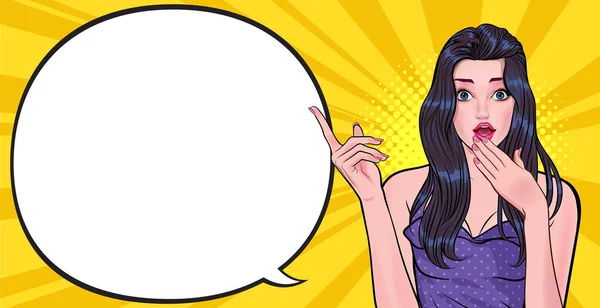 Verrast Vrouw Vertellen Iets Wijzen Spraakzeepbel Pop Art Comic Style — Stockvector