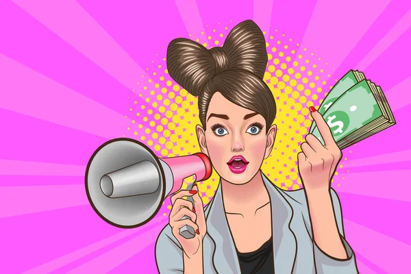 お金を手にメガホンを持つ女 ポップアートコミックスタイル — ストックベクタ