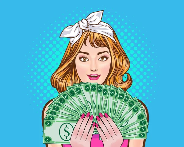 女性の笑顔とたくさんのお金を手に入れるポップアート漫画のスタイル — ストックベクタ
