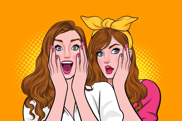 Woman Whispering Gossip Secret Her Friend Pop Art Comics Style — Stock Vector