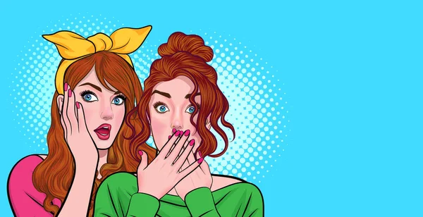 Young Woman Whispering Gossip Secret Her Friend Pop Art Comics — Stock Vector