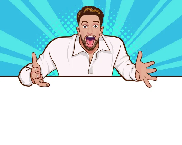 Bearded Man Surprised Something White Banner Pop Art Comic Style — Stock Vector