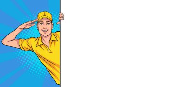 Teslimat elemanı Retro Vintage Pop Art Comic Style 'da beyaz uzay pankartıyla alışveriş yapıyor.