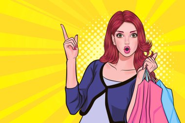 Güzel bir kadın alışveriş torbaları tutuyor ve Pop Art Comic Style 'ı işaret ediyor.