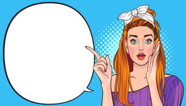 Parmak uçlu güzel bir kadın ve iyi bir jest. Pop Art Comic Style.