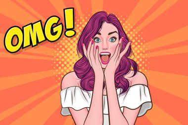 surprised woman shocking say OMG  in comic style clipart