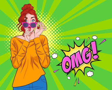 Şaşırmış genç bir kadın, Pop Art Comic Style 'a bakarak 