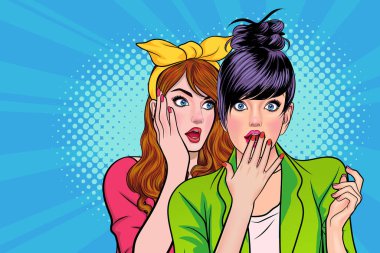Pop Art Comic Style 'daki arkadaşına dedikodu ya da sır fısıldayan bir kadın.