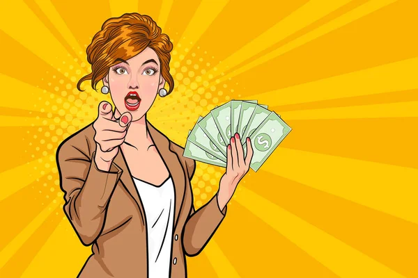 Gesture Business Woman Hold Money Pointing Finger Retro Vintage Pop — Stock Vector