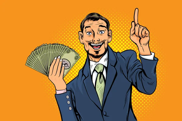 Business Man Show Money Pointing Finger Get Idea Retro Pop — Stock Vector