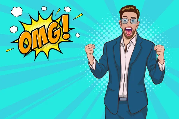 Gözlüklü iş adamı şaşırdı. Önce ellerini kaldırdı ve başarı için OMG dedi. Pop Art Comic Style.