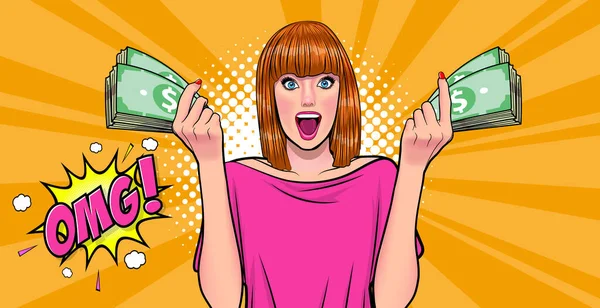 Mulher Sucesso Segurando Dinheiro Olhando Sorrir Pop Art Comic Style — Vetor de Stock
