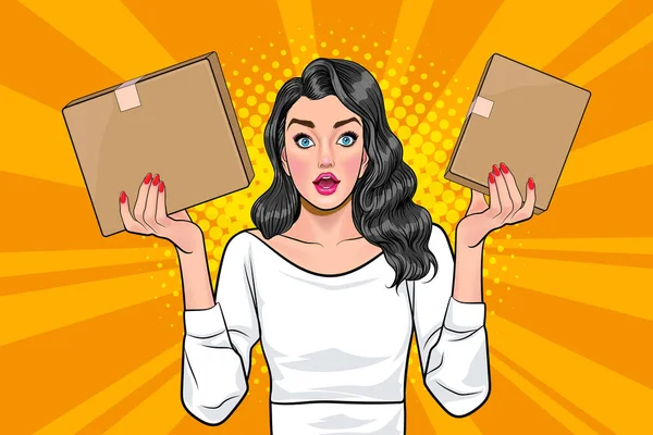 Woman Holding Parcel Box Selling Products Pop Art Comic Style — Stock Vector
