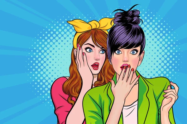 Pop Art Comic Style 'daki arkadaşına dedikodu ya da sır fısıldayan bir kadın.