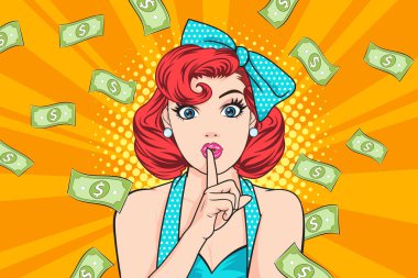 surprise business woman successful and shocking with Falling Money say WOW OMG Pop art retro comic style