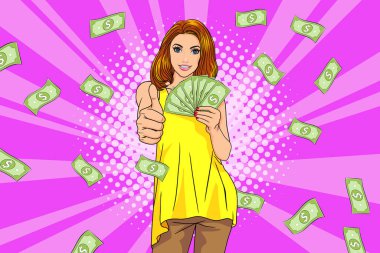 surprise business woman successful and shocking with Falling Money say WOW OMG Pop art retro comic style