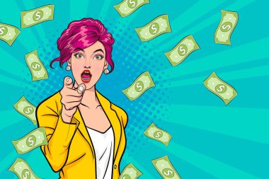 surprise business woman successful and shocking with Falling Money say WOW OMG Pop art retro comic style