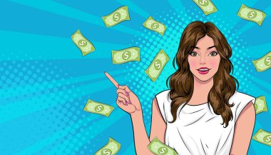 surprise business woman successful and shocking with Falling Money say WOW OMG Pop art retro comic style