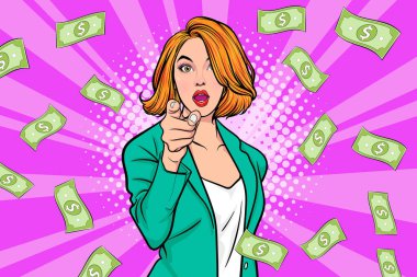 surprise business woman successful and shocking with Falling Money say WOW OMG Pop art retro comic style