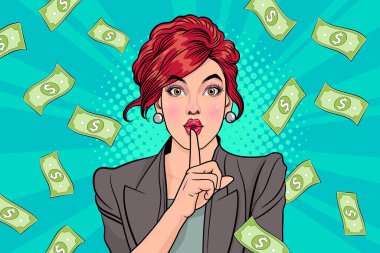 surprise business woman successful and shocking with Falling Money say WOW OMG Pop art retro comic style
