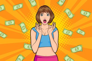 surprise business woman successful and shocking with Falling Money say WOW OMG Pop art retro comic style