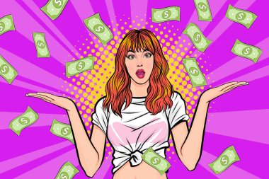 surprise business woman successful and shocking with Falling Money say WOW OMG Pop art retro comic style