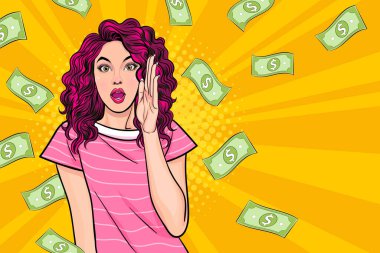 surprise business woman successful and shocking with Falling Money say WOW OMG Pop art retro comic style