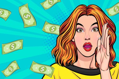 surprise business woman successful and shocking with Falling Money say WOW OMG Pop art retro comic style