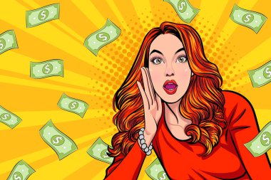 surprise business woman successful and shocking with Falling Money say WOW OMG Pop art retro comic style