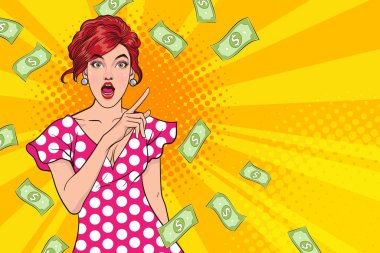 surprise business woman successful and shocking with Falling Money say WOW OMG Pop art retro comic style