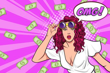 surprise business woman successful and shocking with Falling Money say WOW OMG Pop art retro comic style