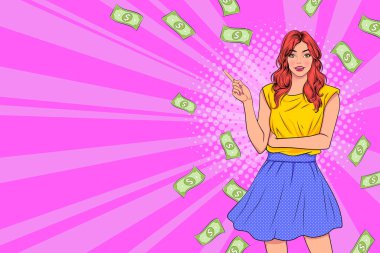 surprise business woman successful and shocking with Falling Money say WOW OMG Pop art retro comic style