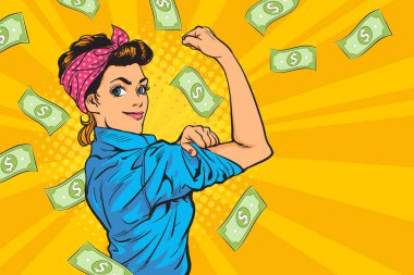 we can do it surprise business woman successful and shocking with Falling Money say WOW OMG Pop art retro comic style