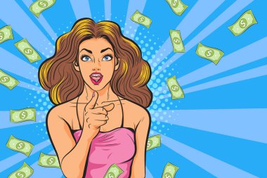 surprise business woman successful and shocking with Falling Money say WOW OMG Pop art retro comic style