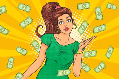 surprise business woman successful and shocking with Falling Money say WOW OMG Pop art retro comic style