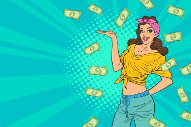 surprise business woman successful and shocking with Falling Money say WOW OMG Pop art retro comic style