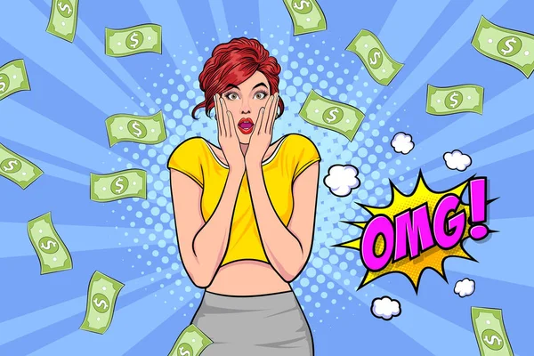 Surprise Business Woman Successful Shocking Falling Money Say Wow Omg —  Vetores de Stock