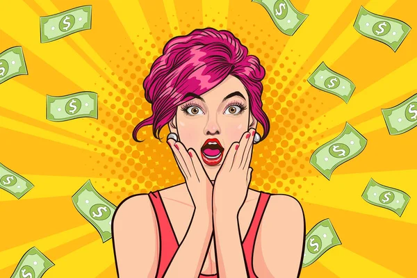 Surprise Business Woman Successful Shocking Falling Money Say Wow Omg —  Vetores de Stock