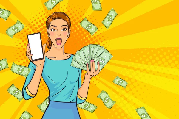 Surprise Business Woman Successful Shocking Falling Money Say Wow Omg — Wektor stockowy