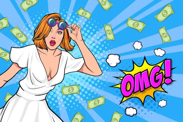 Surprise Business Woman Successful Shocking Falling Money Say Wow Omg — Wektor stockowy