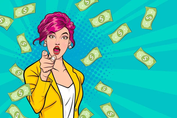 surprise business woman successful and shocking with Falling Money say WOW OMG Pop art retro comic style