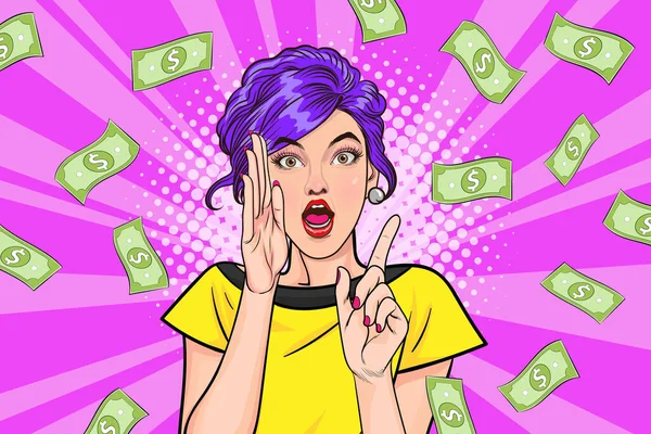 Surprise Business Woman Successful Shocking Falling Money Say Wow Omg — Vetor de Stock