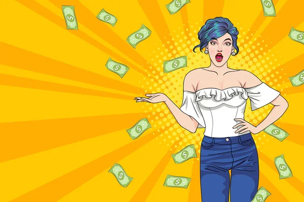 Surprise Business Woman Successful Shocking Falling Money Say Wow Omg — 스톡 벡터