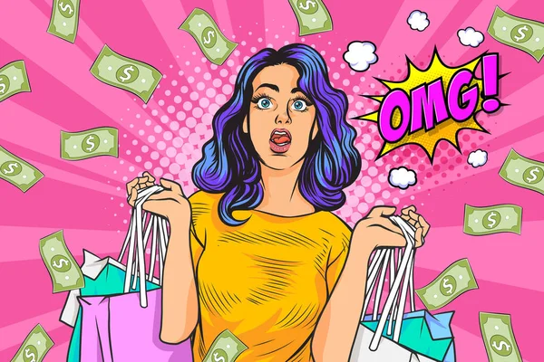 Surprise Business Woman Successful Shocking Falling Money Say Wow Omg — Stockvector