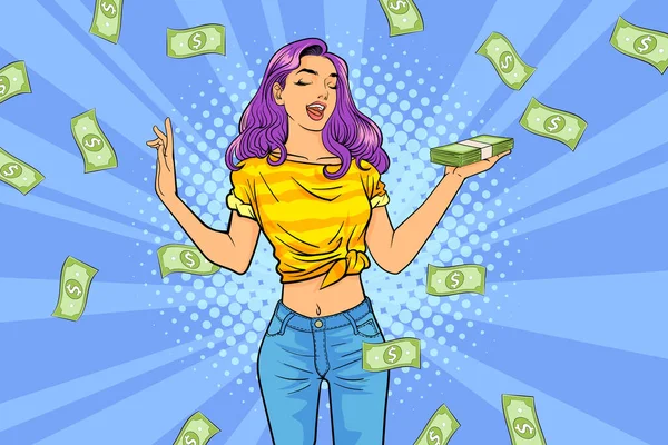 surprise business woman successful and shocking with Falling Money say WOW OMG Pop art retro comic style