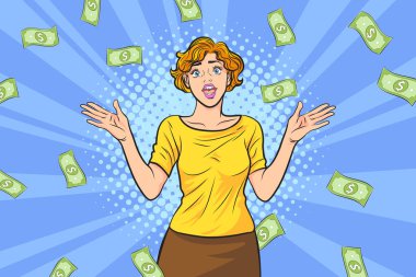 surprise business woman successful and shocking with Falling Money say WOW OMG Pop art retro comic style