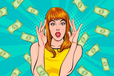 surprise business woman successful and shocking with Falling Money say WOW OMG Pop art retro comic style