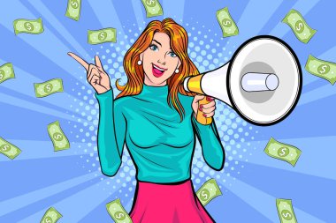 surprise shocking successful business woman holding megaphone and Falling Money say WOW OMG Pop art retro comic style