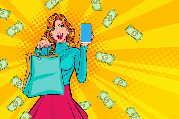Surprise Shopping Woman Successful Shocking Falling Money Say Wow Omg — 스톡 벡터